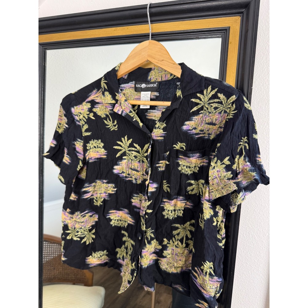 Sag Harbor‎ Tropical Palm Tree Sunset Button Down Shirt Black Size Small